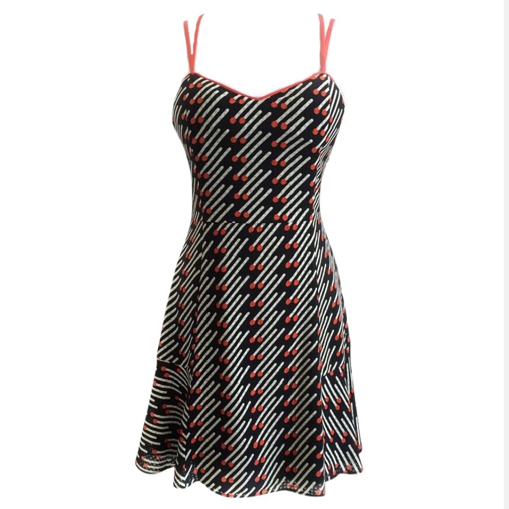 greylin • retro blue red matchstick print cross strap fit flare mini dress